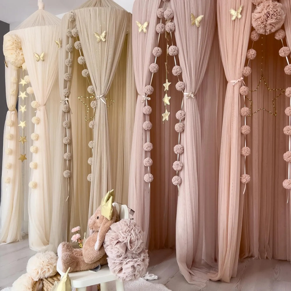 Kid Bed Canopy, Beige Tulle Curtains for Kids Bed Nursery Decor