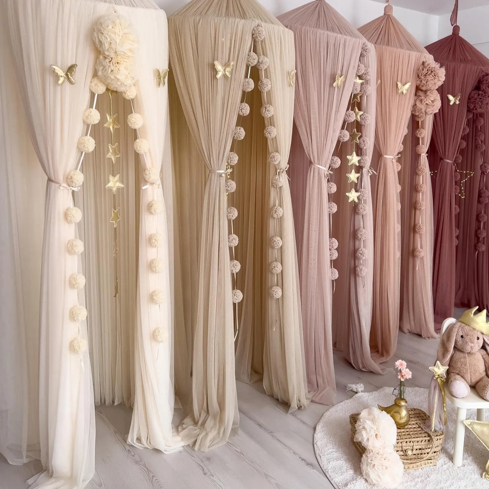 Kid Bed Canopy, Beige Tulle Curtains for Kids Bed Nursery Decor