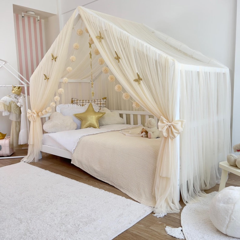 Cream Montessori House Bed Canopy , Custom Tulle Curtains for Toddler Bed, kids rooms decoration