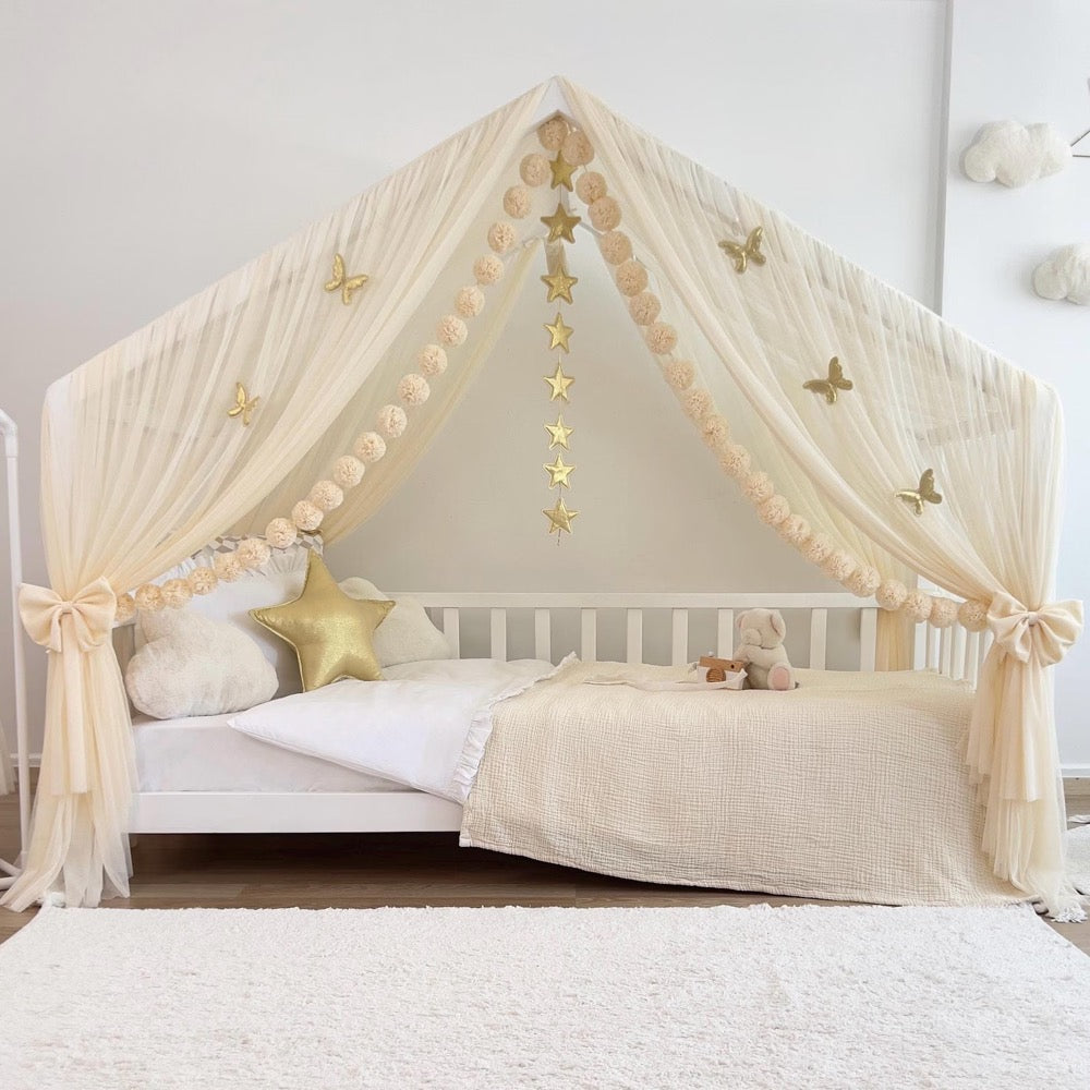 Cream Montessori House Bed Canopy , Custom Tulle Curtains for Toddler Bed, kids rooms decoration