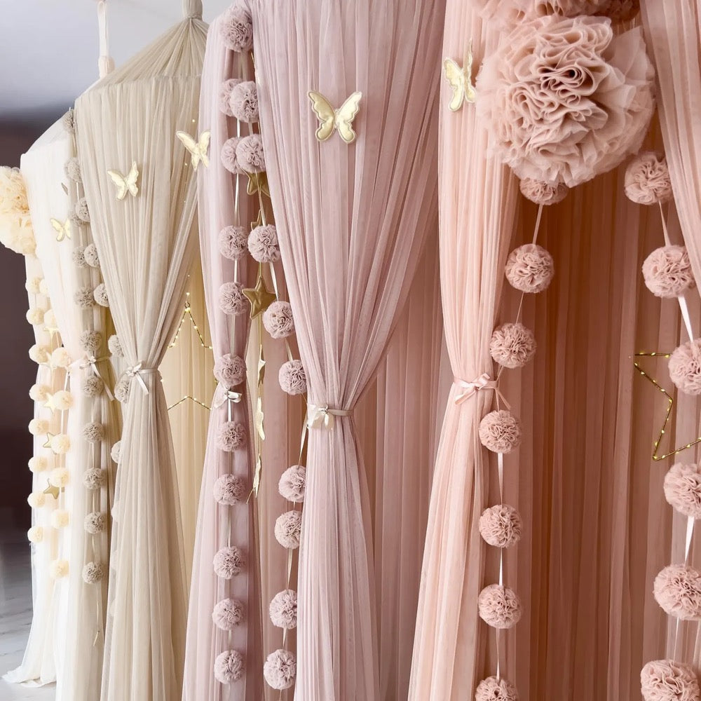 Kid Bed Canopy, Beige Tulle Curtains for Kids Bed Nursery Decor