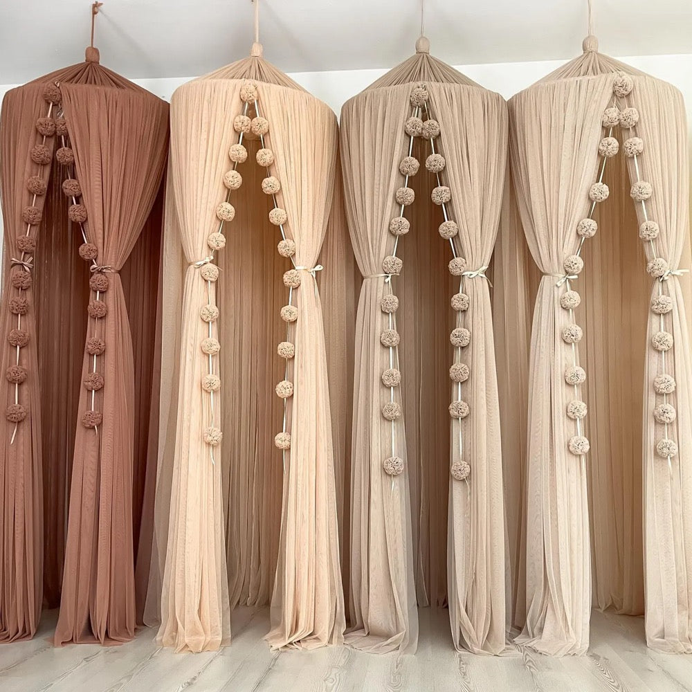 Kid Bed Canopy, Beige Tulle Curtains for Kids Bed Nursery Decor