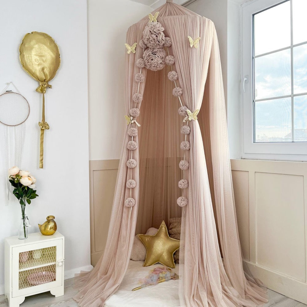 Pinkish Stone Bed Canopy Tulle Curtains for Kids Montessori House Bed Nursery Decor