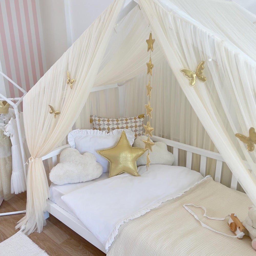 Cream Montessori House Bed Canopy , Custom Tulle Curtains for Toddler Bed, kids rooms decoration