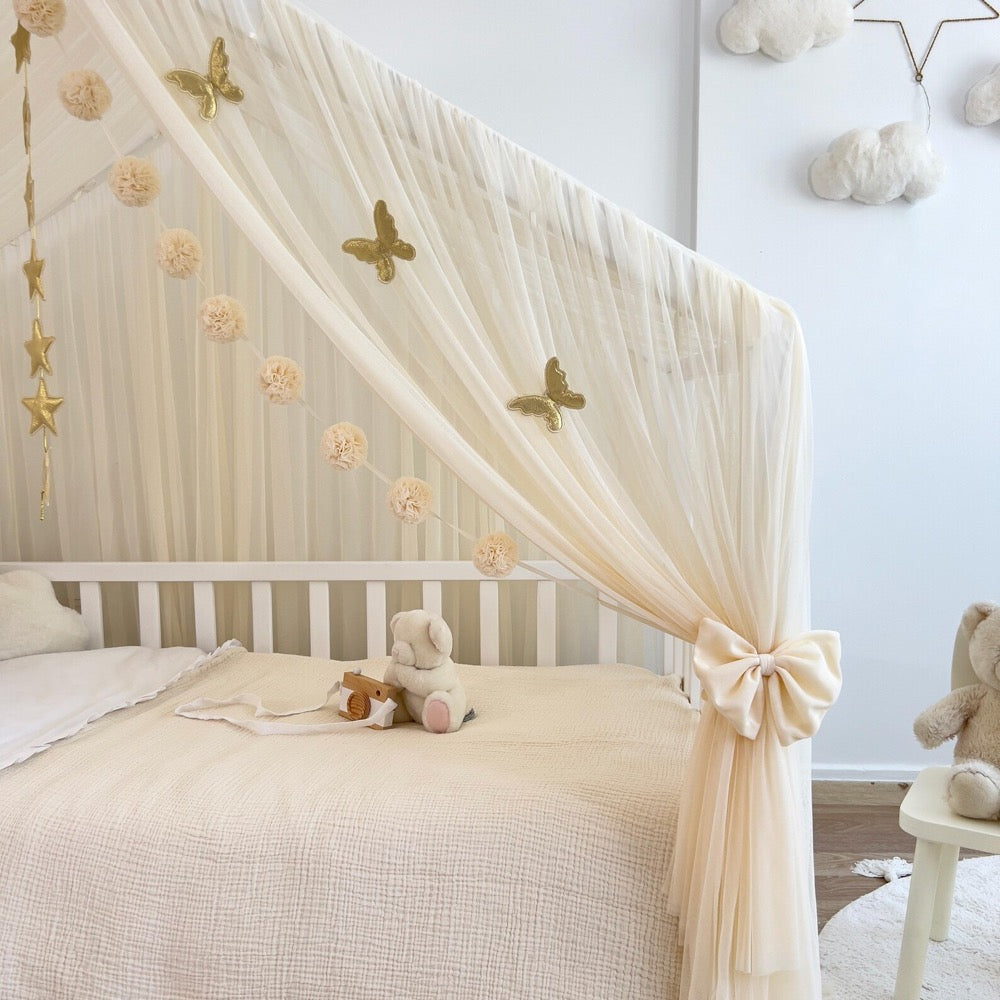 Cream Montessori House Bed Canopy , Custom Tulle Curtains for Toddler Bed, kids rooms decoration